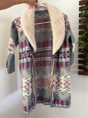 Girls Boot Barn Cozy Western Aztec Knit cardigan with Faux Fur Collar